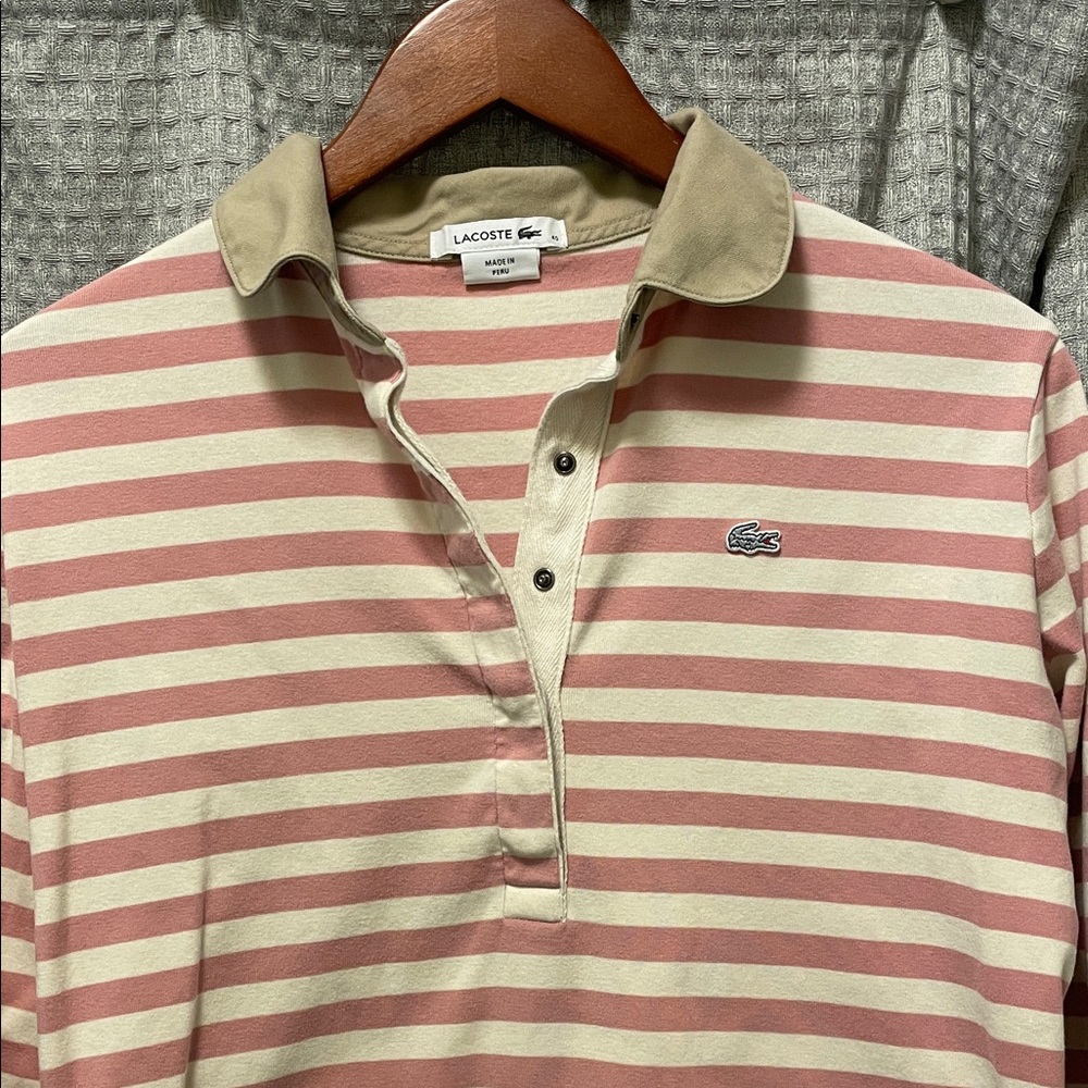 Lacoste Beige and Pink Striped long sleeved Polo